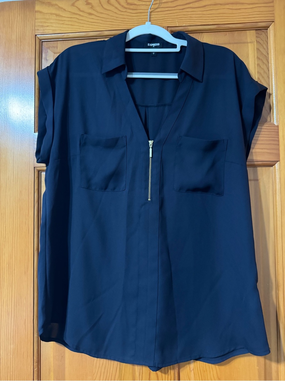 Express Navy Short-Sleeve Zip Front Blouse